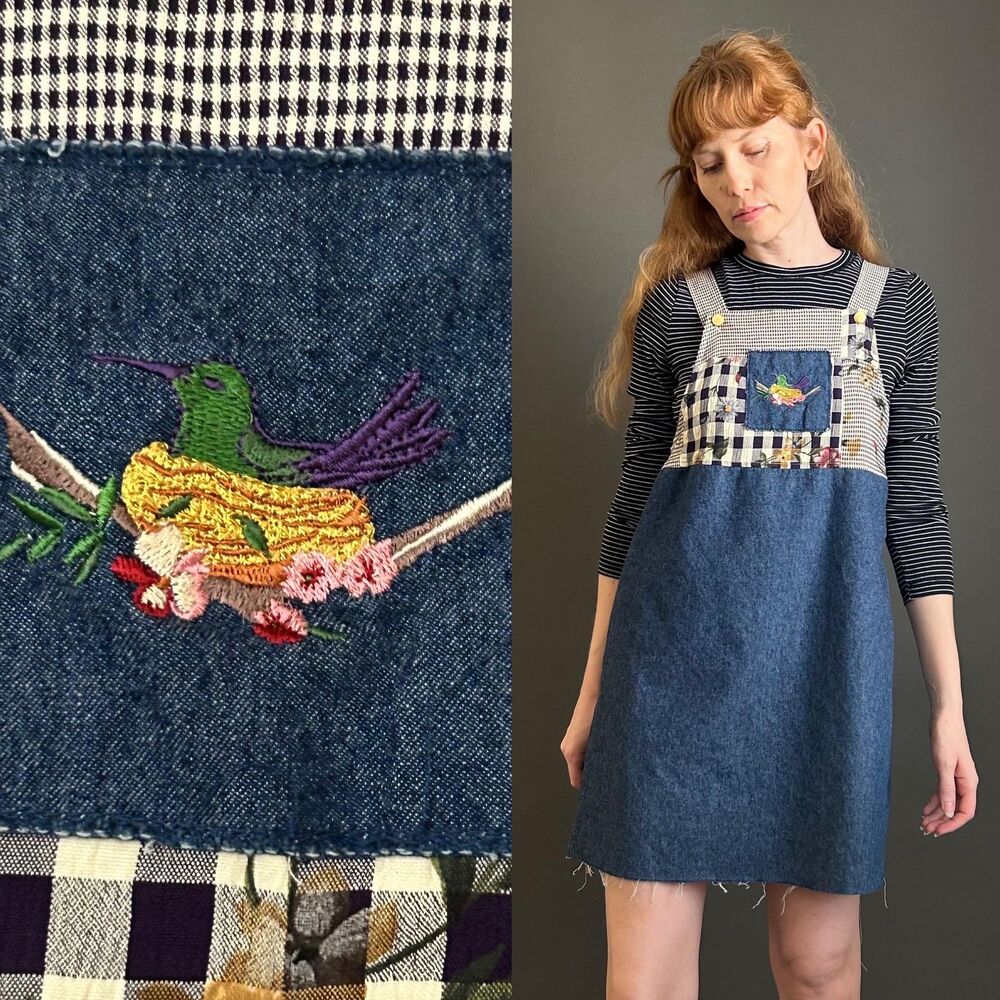 Vintage 1990s Hummingbird Embroidered Jean Jumper Mini Dress, Medium